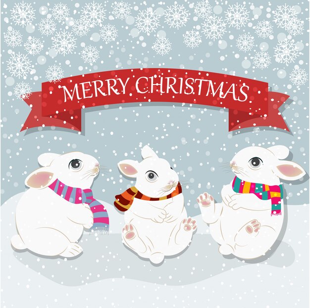 Premium Vector Christmas Card With Cute Rabbits Merry Christmas Greeting Card Flat Design Vector