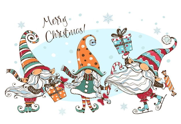 Christmas card with a fun cute family of nordic gnomes with gifts. Premium Vector