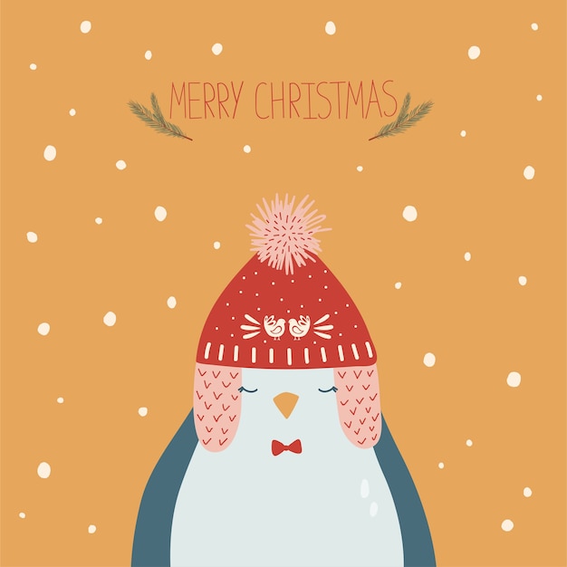キャップと手書きのレタリングのペンギンとクリスマスカード プレミアムベクター