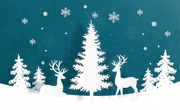 トナカイとクリスマスツリーのクリスマスカード プレミアムベクター