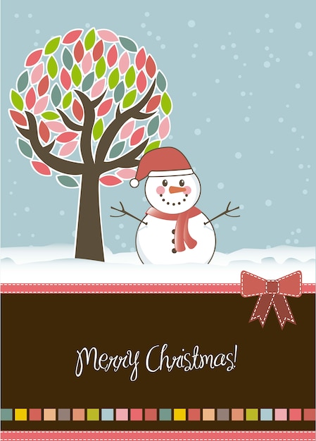 Christmas card with snowan and tree vector illustration Premium Vector
