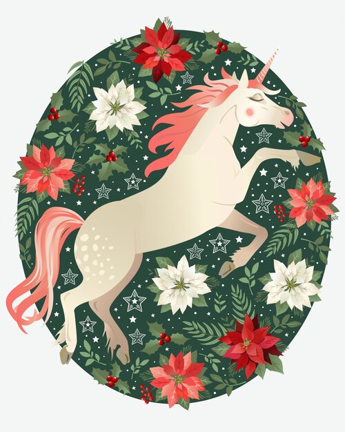 ユニコーンのイラストのクリスマスカードポインセチア花の背景 ベクトル図 プレミアムベクター