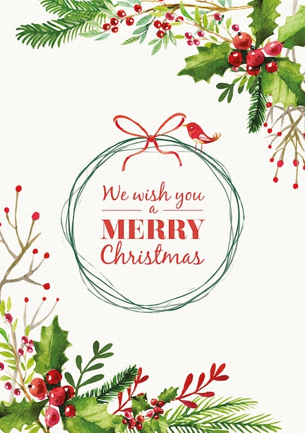 Christmas card with watercolor mistletoe decoration Free Vector