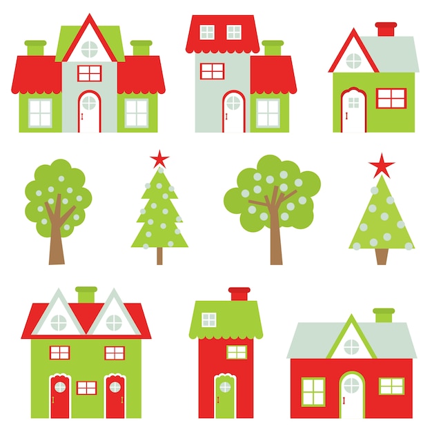 カラフルな家とクリスマスの漫画のイラストやクリスマスツリーのステッカーセットのデザイン プレミアムベクター