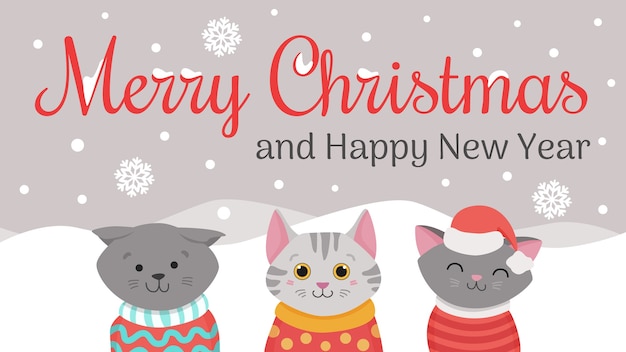 クリスマスの猫 ニットの帽子 セーター スカーフとかわいい猫のメリーミュークリスマスのイラスト プレミアムベクター