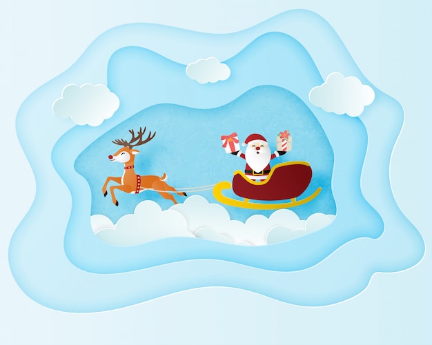 Christmas celebration poster in paper cut style. paper art made santa claus and reindeer flying over