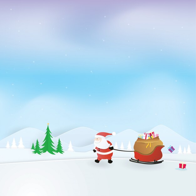 Christmas celebrations, happy new year, santa claus pulling a sleigh full of presents, craft vector, design Premium Vector