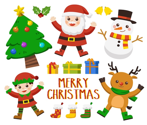 Premium Vector Christmas Character Set Deer Santa Elf Tree And Snowman Set Of Happy Merry 6181