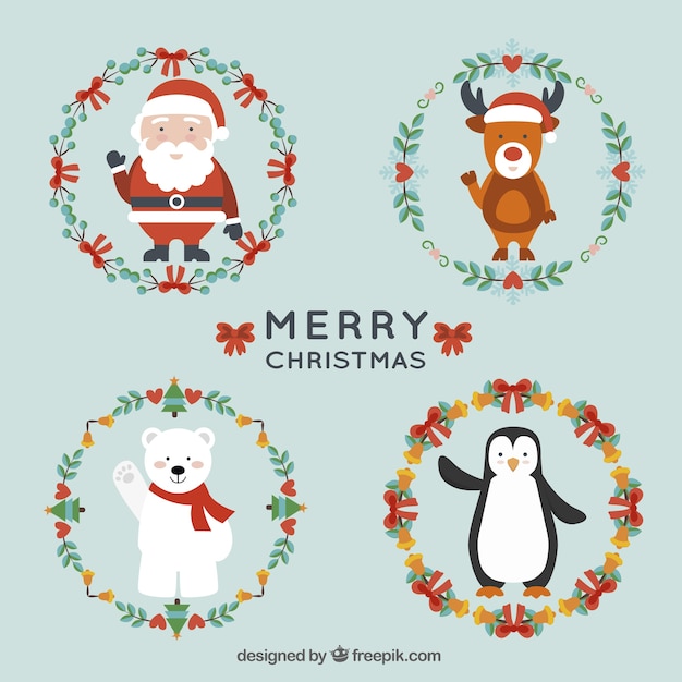 Christmas characters and christmas\
wreaths