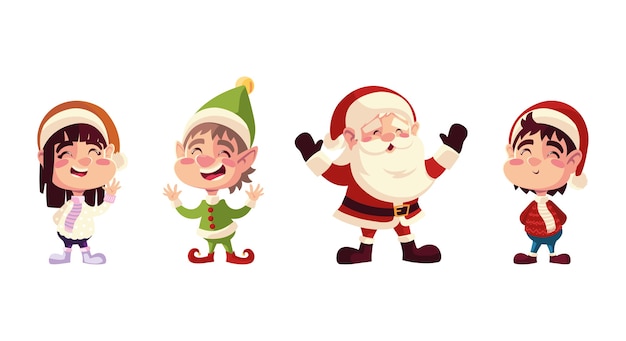 クリスマスキャラクターサンタヘルパー男の子と帽子の女の子イラスト プレミアムベクター