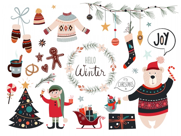 Christmas collection with decorative seasonal elements Premium Vector