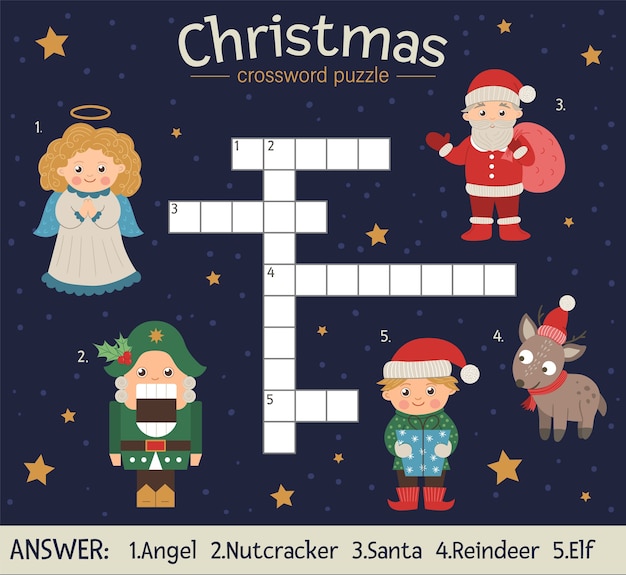 クリスマスのクロスワードパズル 子供のための明るくカラフルな冬のクイズ サンタクロース エンジェル くるみ割り人形 エルフ 鹿との教育的な新年の活動 プレミアムベクター