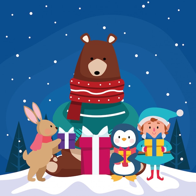 クリスマスのかわいい動物と冬の夜 カラフルなイラストの上のギフトボックスとエルフ プレミアムベクター