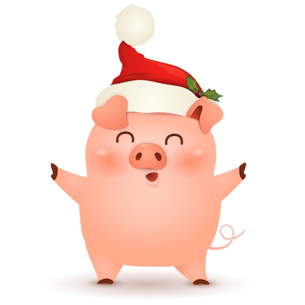 クリスマスかわいい 小さな豚の漫画のキャラクターデザイン クリスマスサンタクロース 赤い帽子 手を振る プレミアムベクター