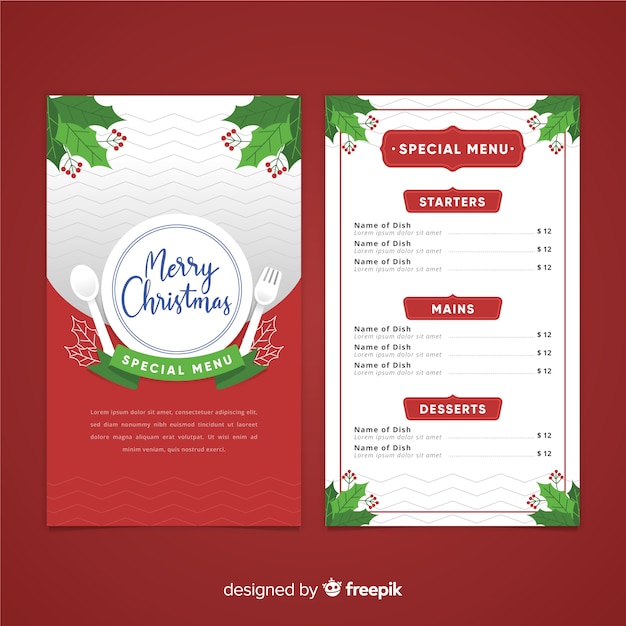 Christmas cutlery menu template Free Vector - Red and Green Holly Theme