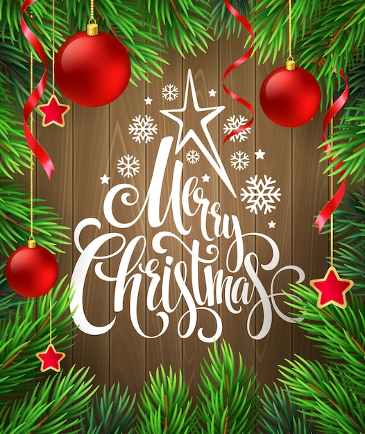 Premium Vector | Christmas decoration on wood with lettering, greeting card