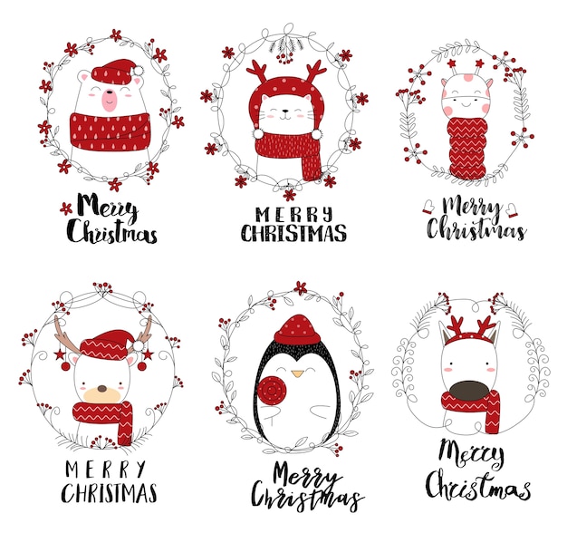Download Christmas design with cute animal cartoon hand drawn style ...
