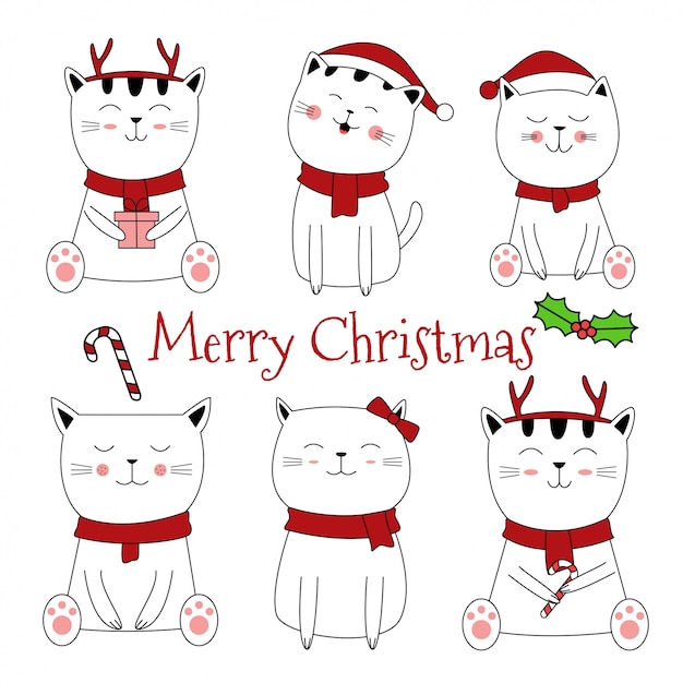 Premium Vector | Christmas design with cute cat cartoon hand drawn style