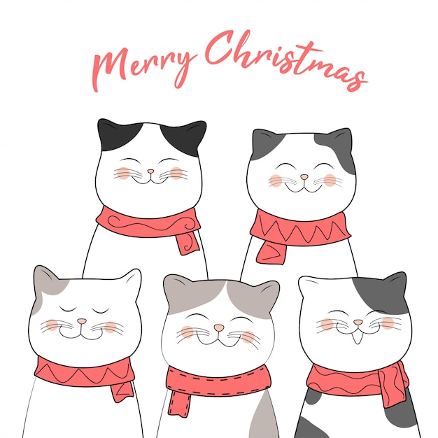 Premium Vector | Christmas design with cute cats cartoon hand drawn style