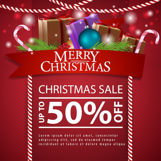 Premium Vector Christmas discount card with red ribbon and christmas