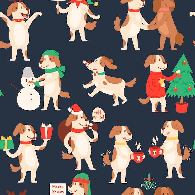 Premium Vector Christmas dog seamless pattern.