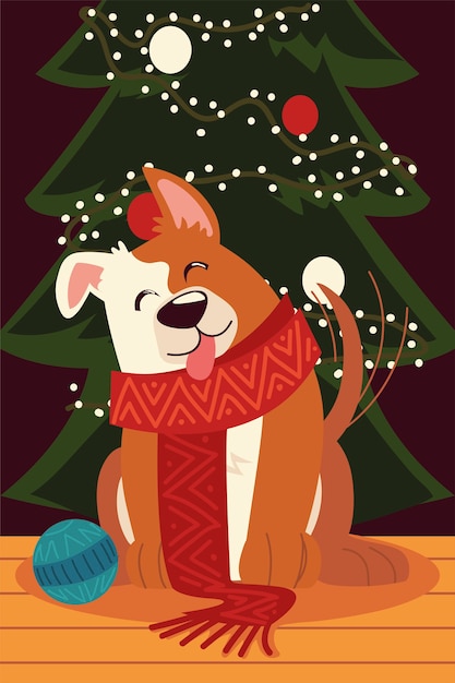 スカーフとボール動物のお祝いの孤立したデザインイラストとクリスマス犬 プレミアムベクター