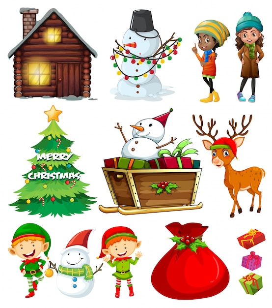 Christmas elements with tree and many characters Free Vector Christmas elements with tree and many characters Free Vector