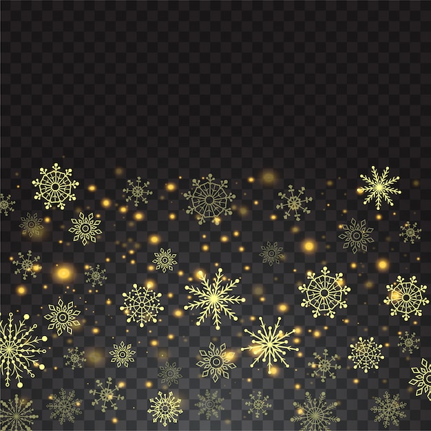 透明なニクドコの背景にクリスマスの降る雪のゴールドキラキラ粒子 スノーフレークの抽象的な背景 プレミアムベクター