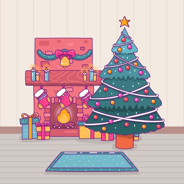 Christmas Fireplace Scene Concept In Hand Drawn Free Vector