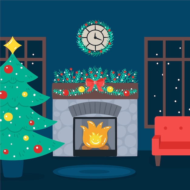 Free Vector | Christmas fireplace scene and snowy weather