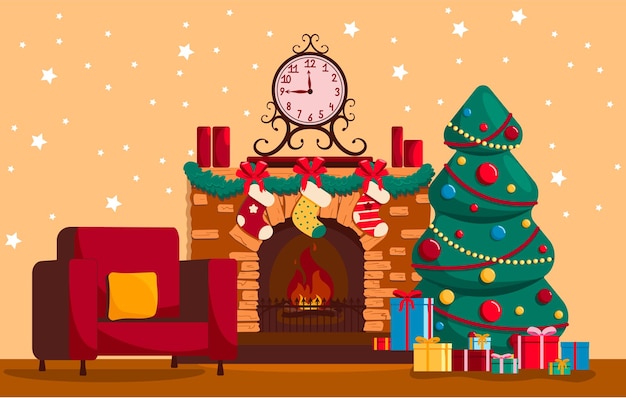 Premium Vector | Christmas fireplace with candles and a clock