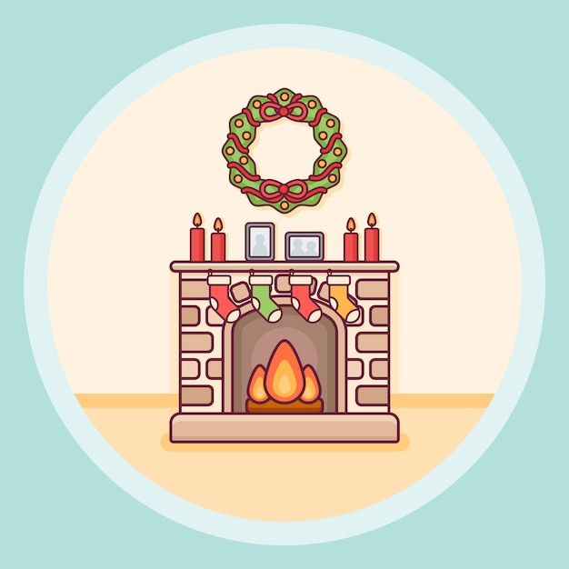 Premium Vector | Christmas fireplace with candles, socks and wreath in ...