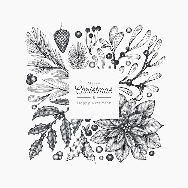 クリスマスフレームテンプレート ベクターの手描き冬植物イラスト レトロなスタイルのグリーティングカードデザイン プレミアムベクター