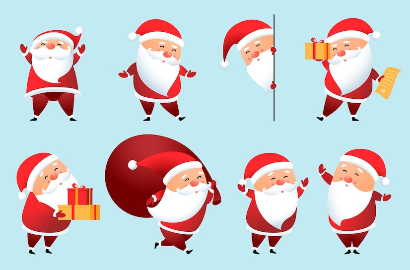 Premium Vector | Christmas funny santa claus poses and actions vector set