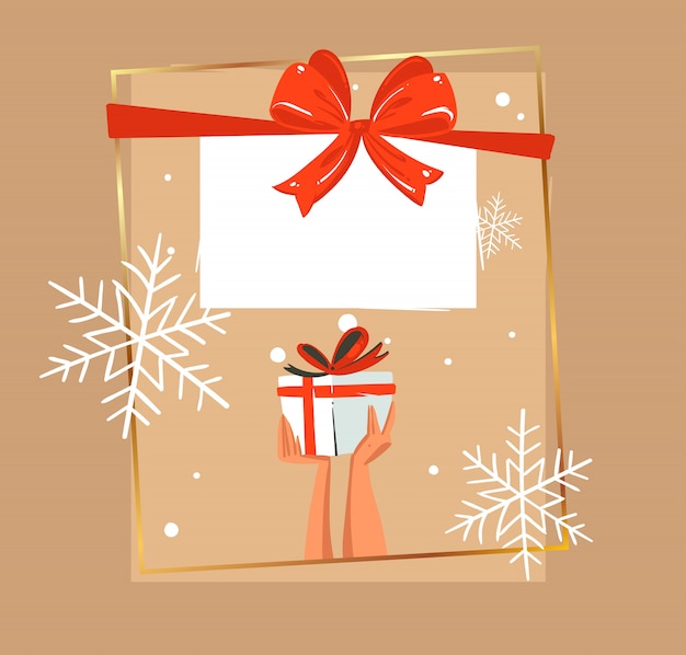 雪のグリーティングカードのクリスマスギフトボックス クリスマスプレゼントボックスとサンタギフトバッグに赤いリボンとメリークリスマス のお祝いバナーの休日の夜にクリスマスツリーと冬の空き地に弓 プレミアムベクター