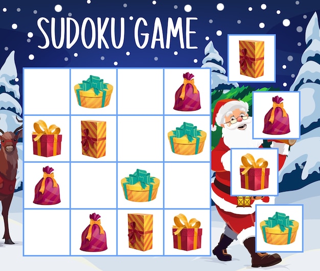 クリスマスプレゼント数独ゲームやパズルテンプレート サンタクロースの漫画のキャラクター クリスマスツリー リボン付きのプレゼントボックス 教育活動を使った子供向け教育マインドゲームまたはロジックパズル プレミアムベクター