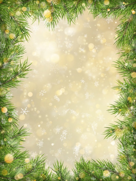 Premium Vector | Christmas gold bokeh with tree branches frame background.