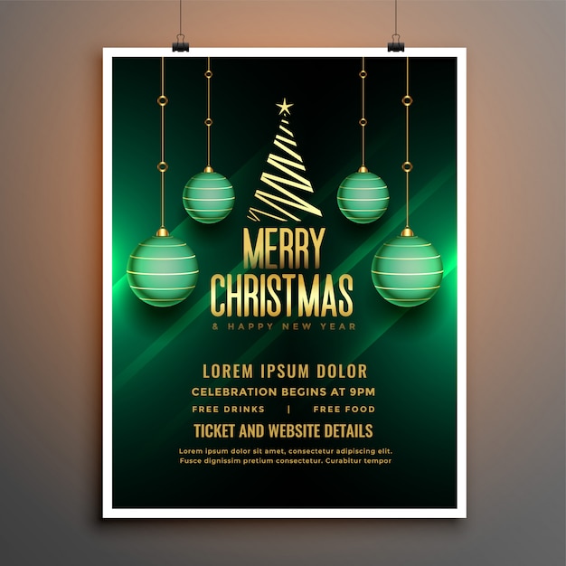 Christmas Green Flyer Poster Template With Ball And Tree Vector 