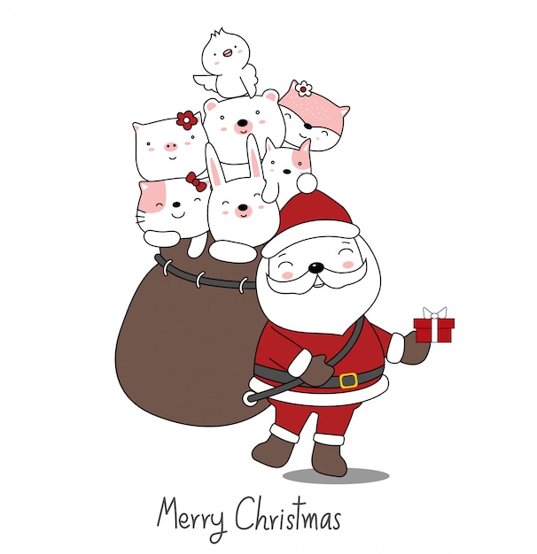 かわいい赤ちゃん動物とサンタクロースとクリスマスのグリーティングカードのデザイン 手描き漫画のスタイル プレミアムベクター