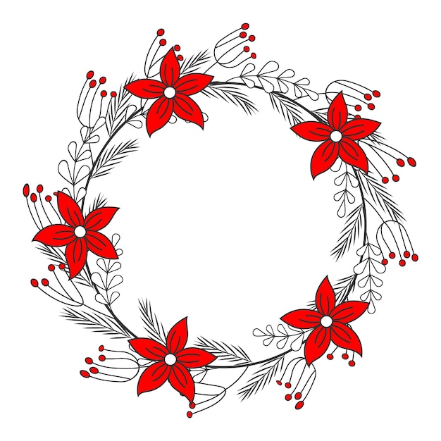 クリスマスのグリーティングカード ポインセチアと葉で手描きの円の花輪 ベクトルイラスト 白で隔離 タトゥー 線画 プレミアムベクター