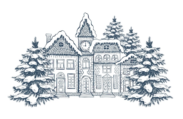 Premium Vector | Christmas greeting card illustration of houses set of ...