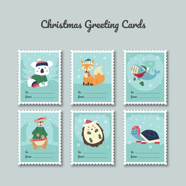 Download Christmas greeting card template with cute characters ...
