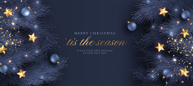青と金色のリアルな装飾が施されたクリスマスグリーティングカード 無料のベクター