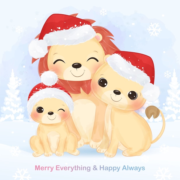 かわいいライオンの家族とのクリスマスグリーティングカード クリスマスの背景イラスト プレミアムベクター