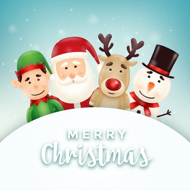 Premium Vector | Christmas greeting card with cute santa, snowman, elf ...