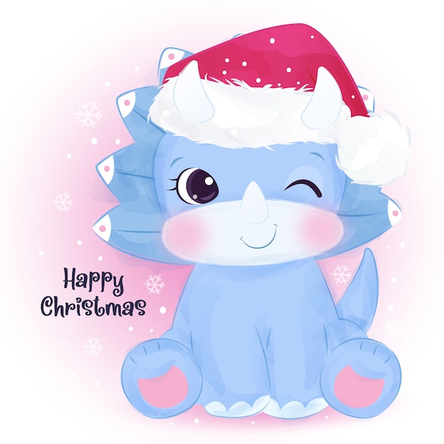 Premium Vector | Christmas greeting with cute blue dinosaur. christmas illustration.