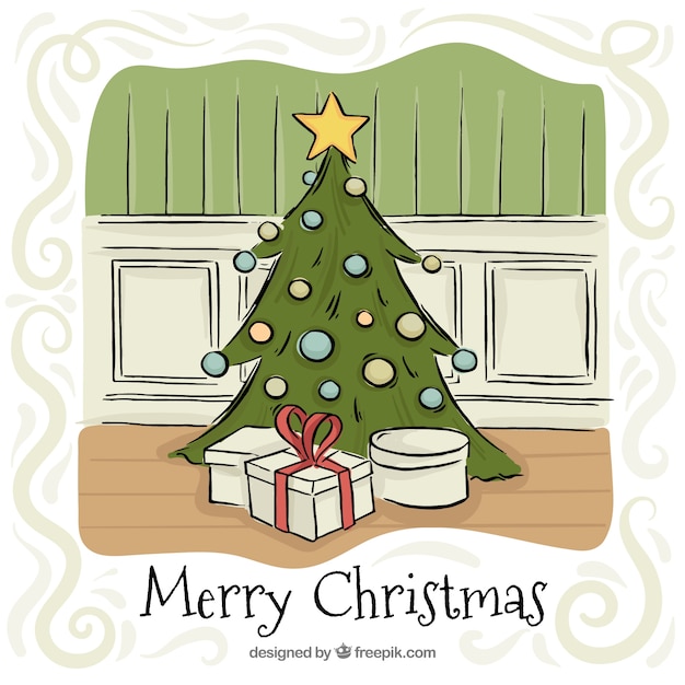 Christmas greeting with tree and hand drawn gifts
