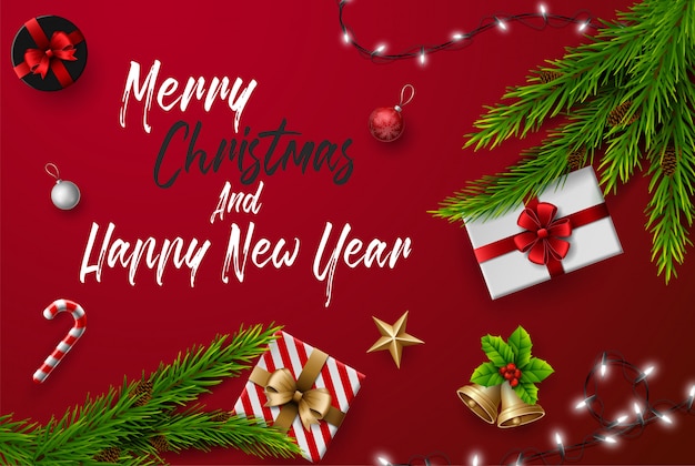 Premium Vector Christmas And Happy New Year Greeting Card Composition Of Elements With Christmas Decorations