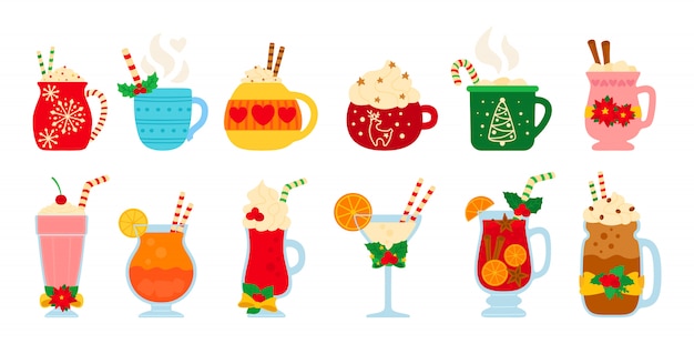 クリスマスの温かい飲み物セット フラット漫画別の飲み物 新年の飲み物 かわいいマグカップホットココア コーヒー ミルク クリーム ホットワイン プレミアムベクター