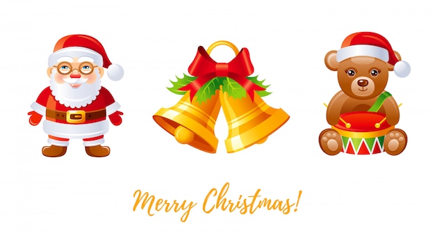 Christmas Icon Set Cartoon Santa Claus Jingle Bells Teddy Bear